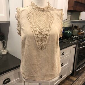 Miami Francesca’s NWT Tan Faux Suede Crochet Lace Blouse Top Bohemian Festival M